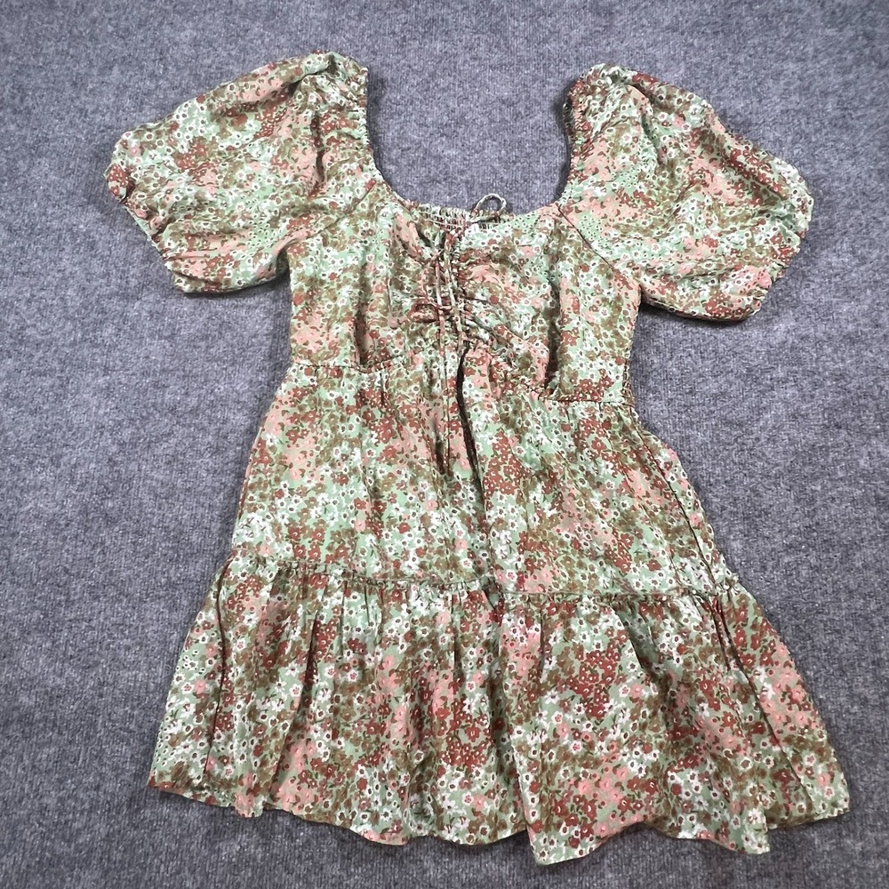 Truly 4 You Mini Dress Womens XL Green Floral Tie Front Smocked Back Puff Sleeve
